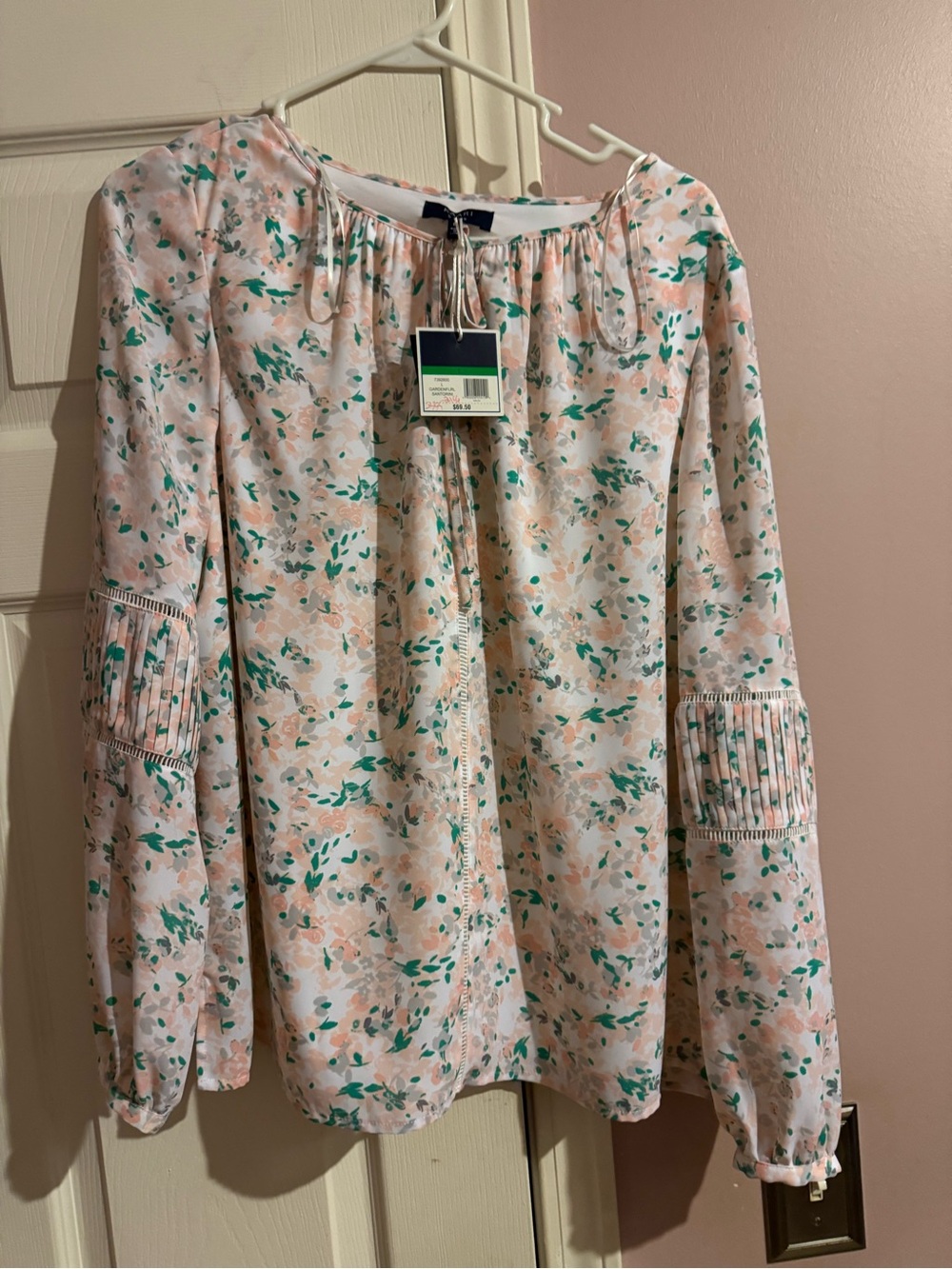 Kaari blue Floral Tie-Neck Blouse in Pink, Green and Peach
